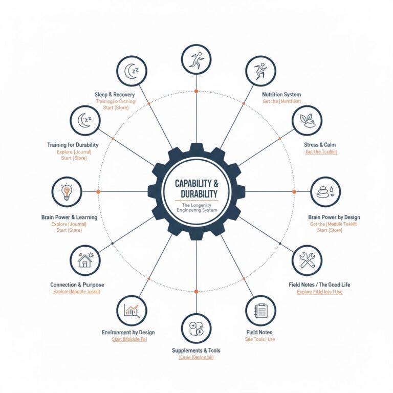 Longevity Engineering system map showing 10 modules around a central capability & durability hub.